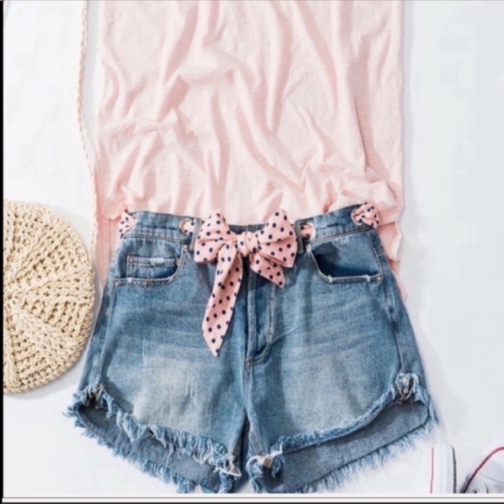 Distressed Denim Shorts with Polka Dot Bow - Picture 4 of 4